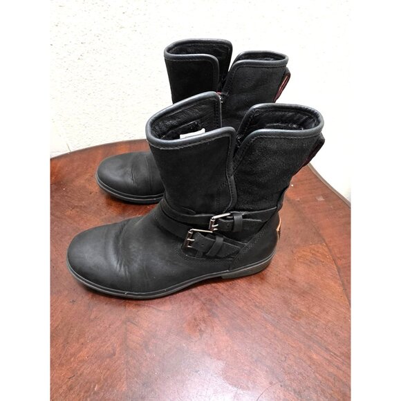 UGG Women's Black Leather & Suede Mid-Calf Boots Size 7 Side Zippers & Buckle Ac - Picture 3 of 13